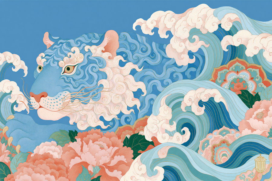 A stylized representation of a Tibetan tiger with an elaborate wave and floral design, set against a blue background.