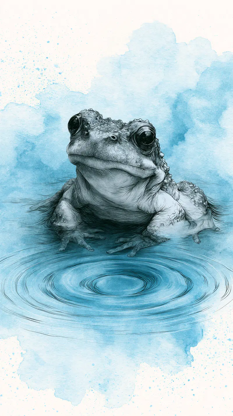 Illustration of a Tiny Frog in a Shallow Puddle with Water Ripples