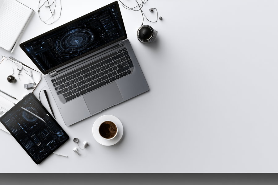 Top-down view of a modern Japanese office desk with an open laptop, a tablet, notebook, coffee cup, and wireless earbuds, clustered on the left side. The right side is empty with clean negative space.
