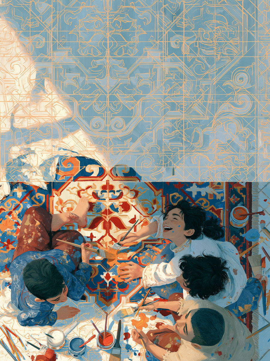 Top down view of three Azerbaijani children painting a colorful carpet pattern, with a clean geometric outline in the upper half reserved for text.