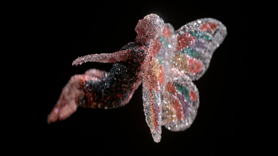 A 3D rendering of a figure with butterfly wings made of colorful particles, set against a pure black background.