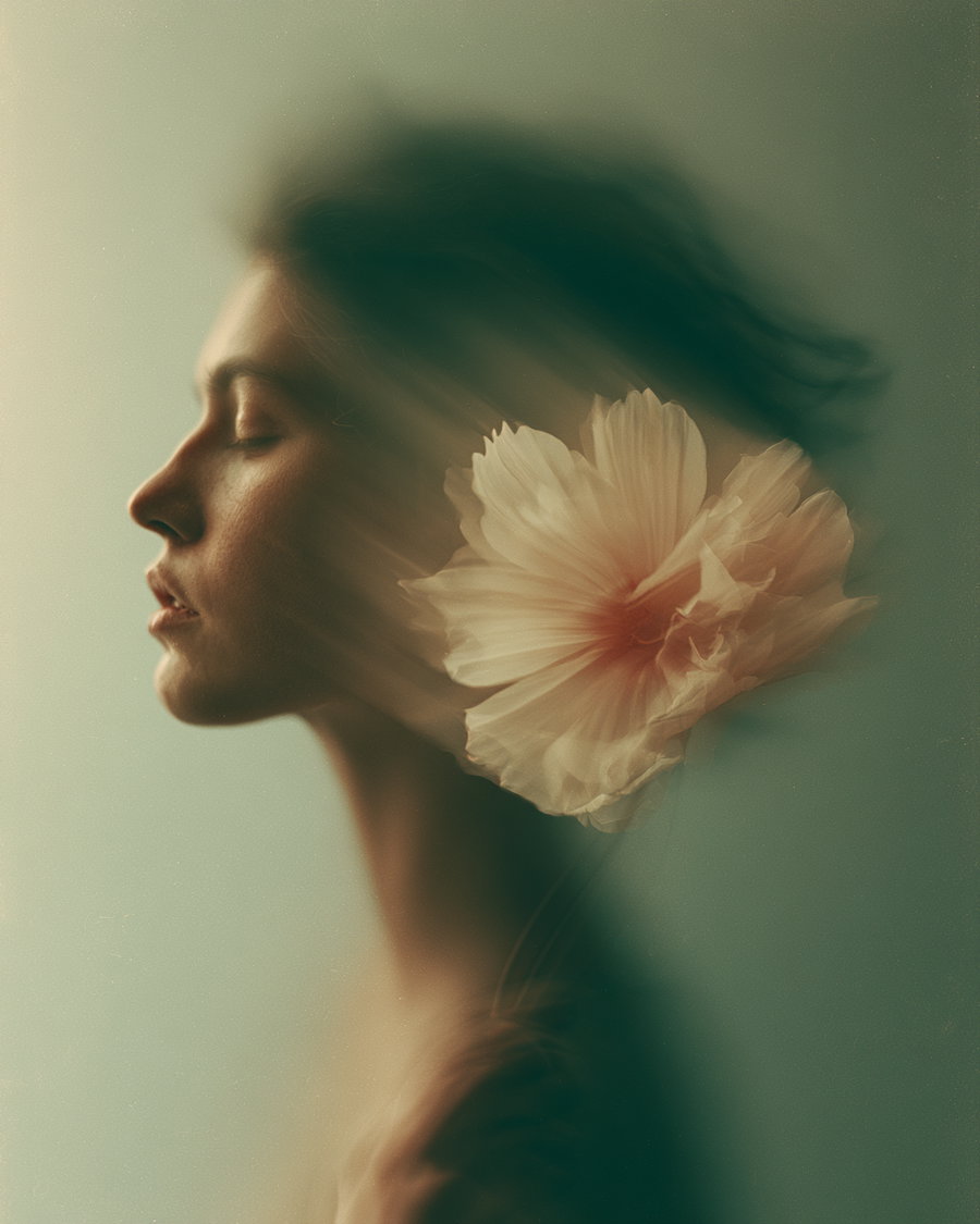 A soft silhouette of a woman with blurred features, alongside a pale cosmos flower, both showing motion blur and overlapping pastel colors.