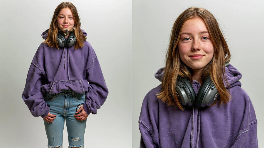 A teenage girl with shoulder length dark blonde hair, wearing a purple hoodie and light blue ripped jeans, standing casually with large over ear headphones around her neck. The background is a seamless white cyc wall.