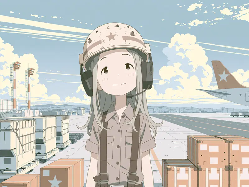 Minimalist Anime Girl in Pastel Colors at an Air Cargo Area