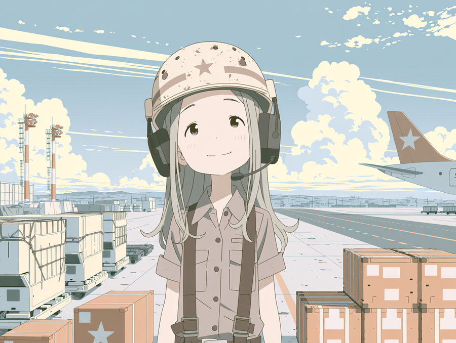 A young female character wearing a helmet and headset, standing in an air cargo area with a runway and containers in the background.