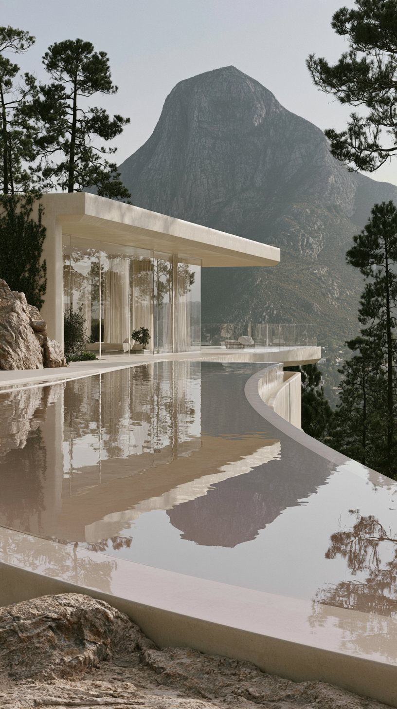 A luxurious modern villa with floor-to-ceiling glass walls and floating concrete volumes, overlooking dramatic mountain peaks and an infinity pool, surrounded by pine forest and morning mist.