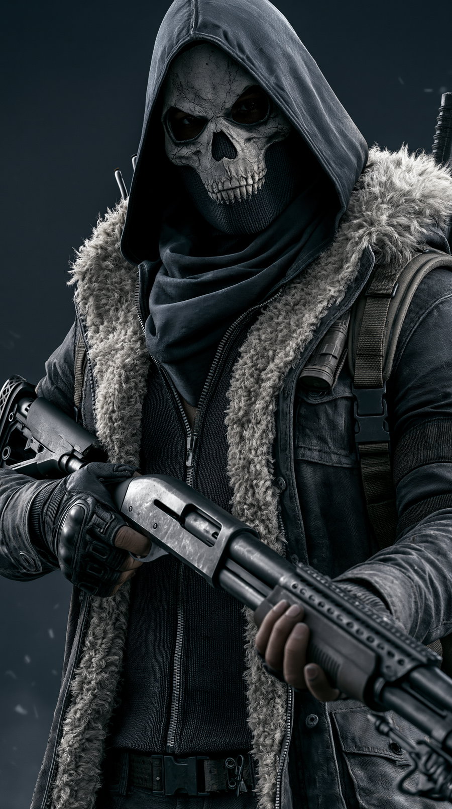 A soldier wearing a skull mask and balaclava, holding a shotgun, dressed in a hooded jacket, set in an evening cinematic atmosphere.