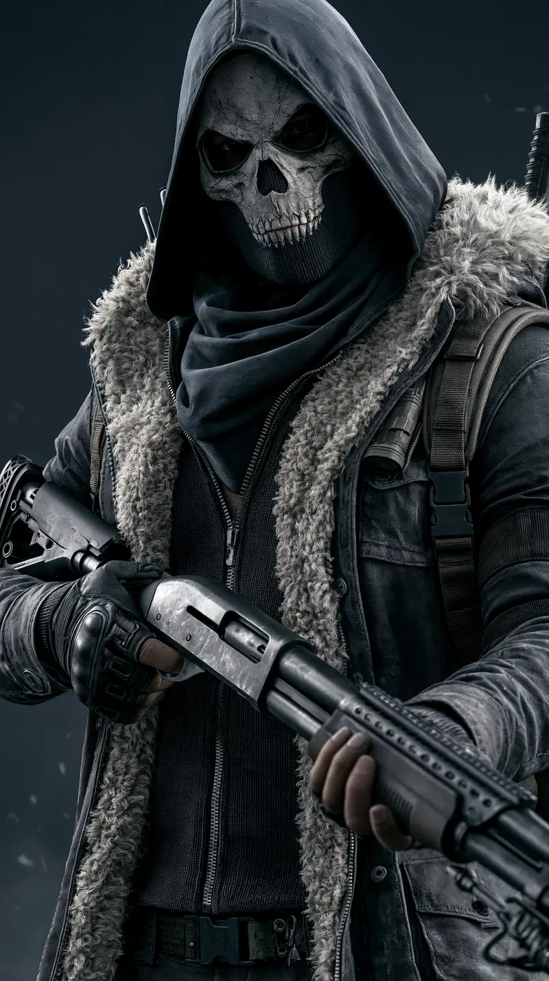 Cinematic Scene of a Soldier in Skull Mask with Shotgun