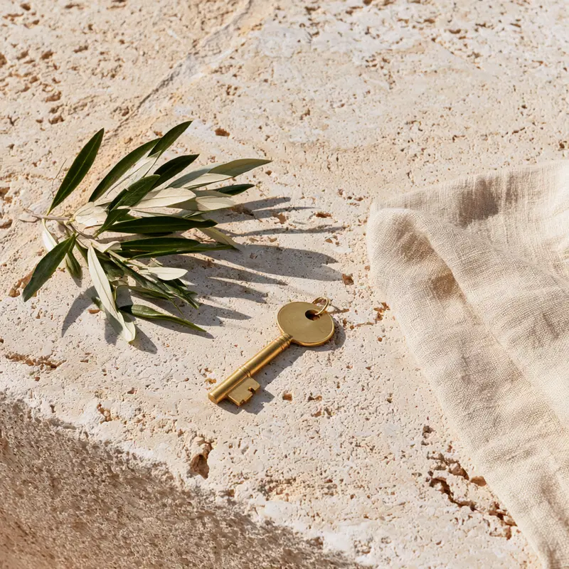 Elegant Brass Key with Olive Branch on Textured Surface