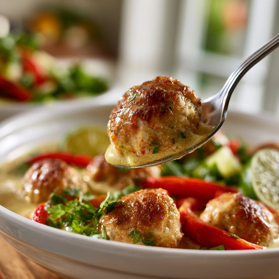 Close-up of golden chicken meatballs in creamy coconut curry sauce with red peppers, cilantro, and lime, served in a white bowl with a spoon lifting a meatball, soft kitchen background.