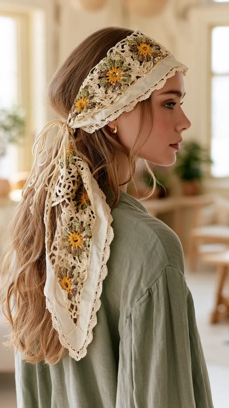 Young Woman in Handmade Granny Square Crochet Bandana in Cottagecore Style