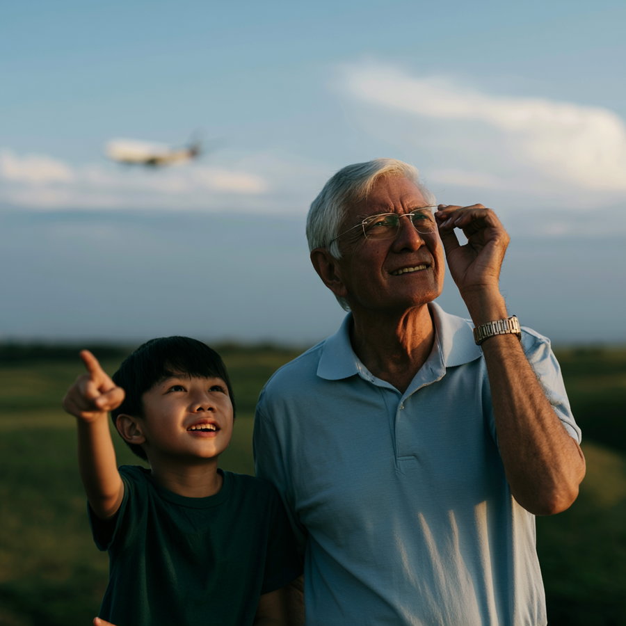 Elderly grandfather in a light blue polo shirt and rimless eyeglasses adjusts his glasses while standing beside his young grandson, who is wearing a dark green polo shirt. They are outdoors with rolling green hills and a vast blue sky, and a commercial airplane is softly blurred in the background.