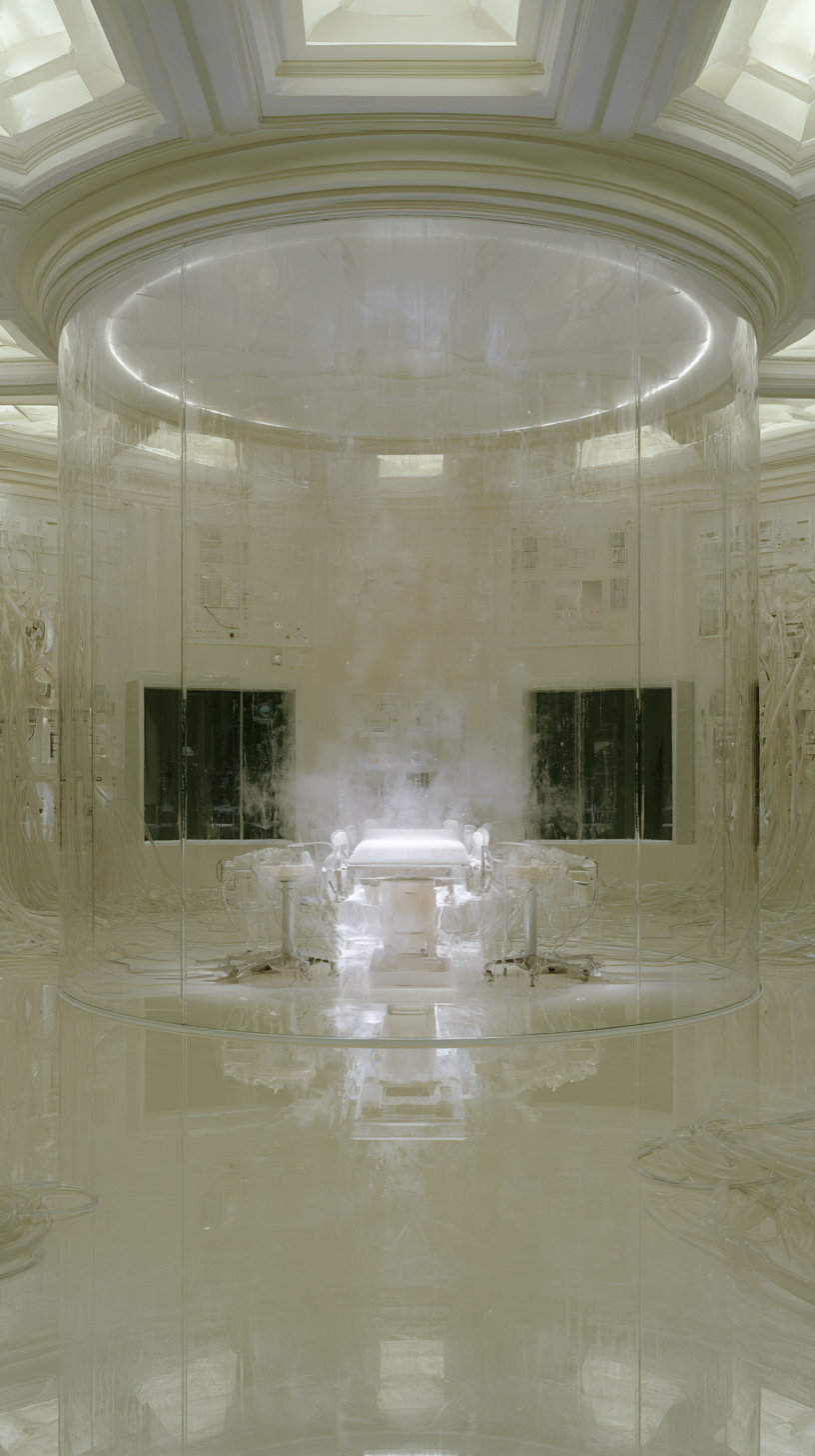 A sterile bioengineering laboratory featuring a large illuminated operating table under a transparent cylindrical dome. The room has polished reflective floors and advanced monitoring equipment, with a soft golden haze and clinical white color palette.
