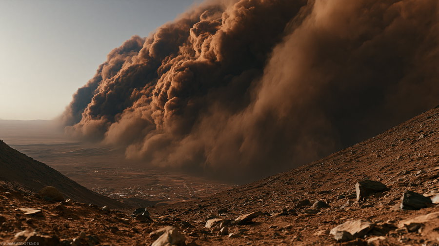 A vast Martian desert landscape beneath a pale dusty sky with a colossal reddish brown dust storm wall dominating the scene. The turbulent dust plume is illuminated by warm sunlight, with rocky slopes and scattered stones in the foreground.