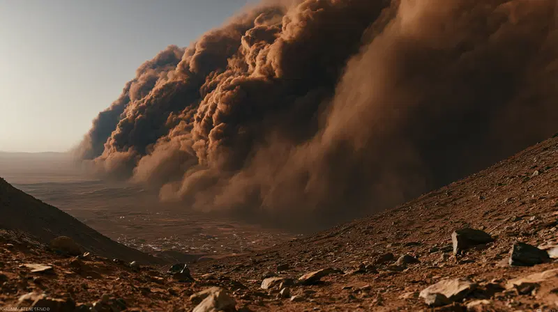 Dramatic Martian Dust Storm Over Rugged Landscape