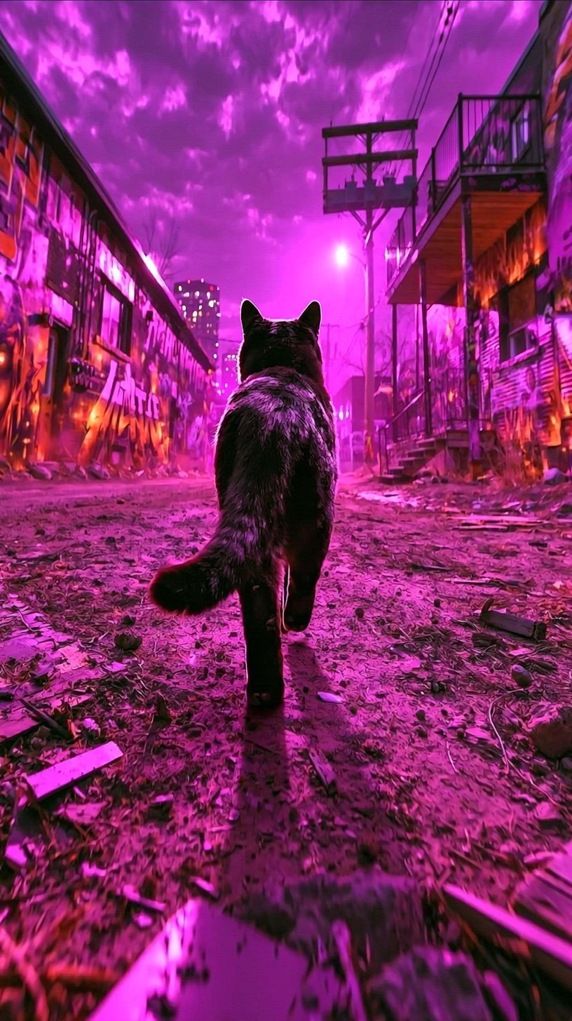 A black cat walking away on a graffiti-covered street with a purple sky.