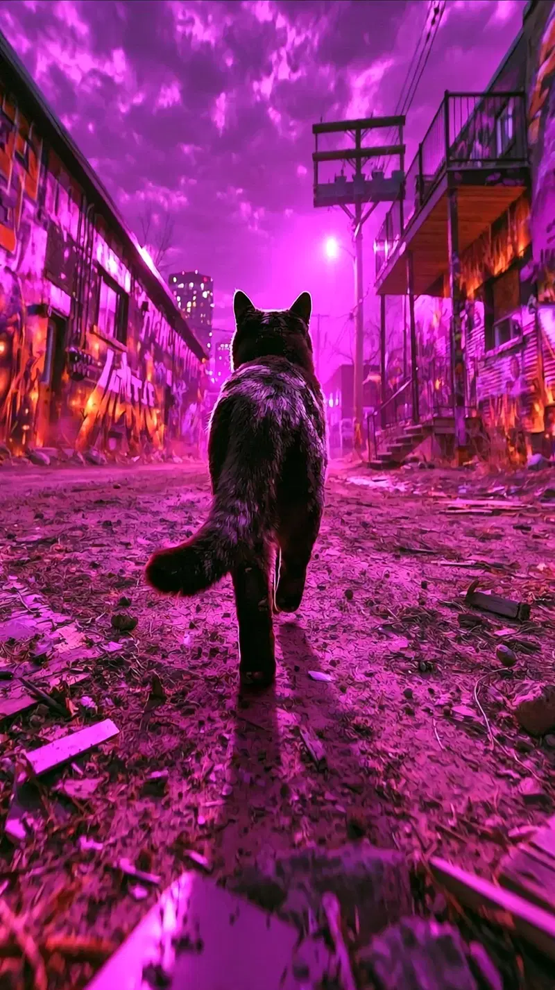 Cinematic View of a Black Cat Walking Through a Graffiti-Laden Street