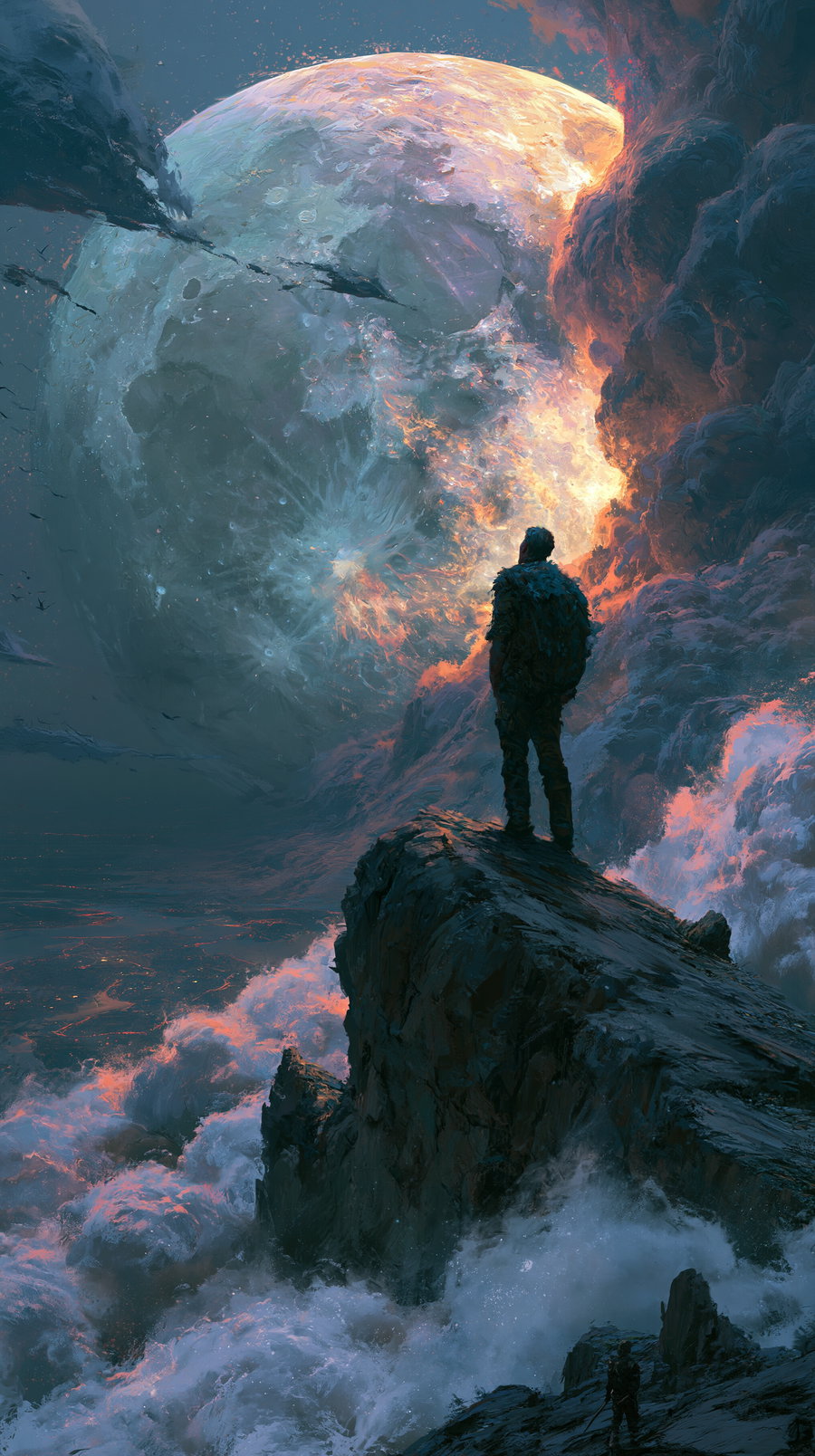 A man stands on a rocky mountain peak, gazing at a large, luminous full moon amidst a dramatic sky filled with clouds and vibrant colors.
