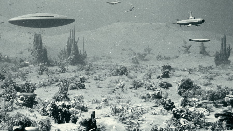 An underwater scene featuring submarine-like crafts, coral structures, and various aquatic plants and animals.