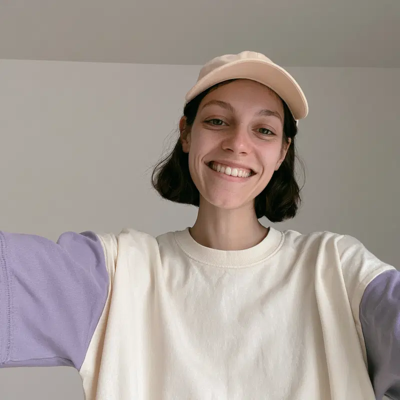 Minimalist Outfit Selfie with Cream and Purple T-shirt and Cap