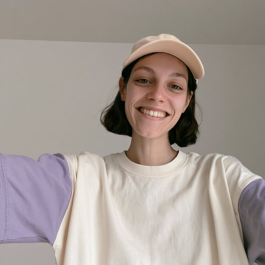 Smiling woman in a cream T-shirt with purple sleeves and a baseball cap, posing in a minimal home setting.