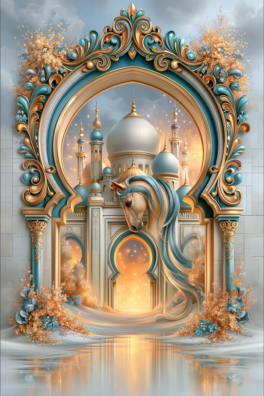 An ornate archway with golden details and turquoise accents, featuring a horse's head and a mosque-like structure in the background, surrounded by floral designs.