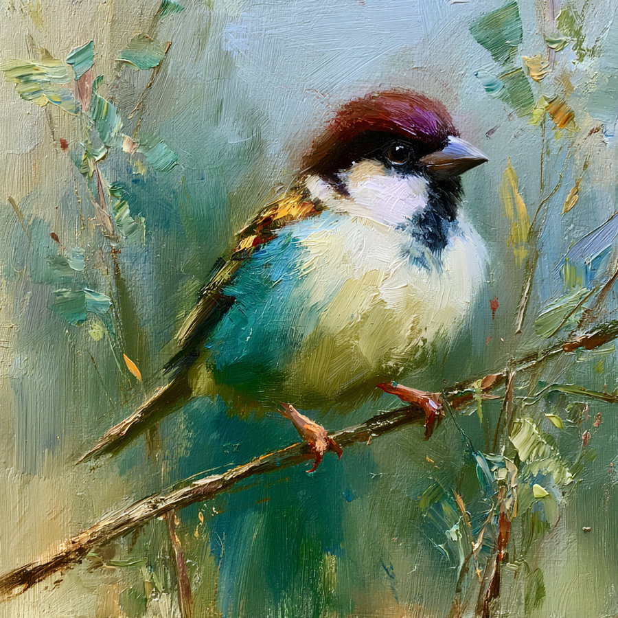 A small colorful sparrow perched on a branch in a forest setting.