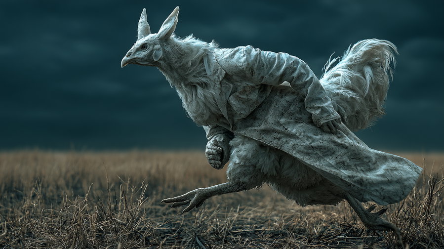 A dramatic chicken in a lab coat running through a grassy field under a dark sky.
