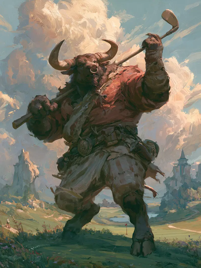 A Minotaur Mastering the Golf Course Amid Fantasy Realms