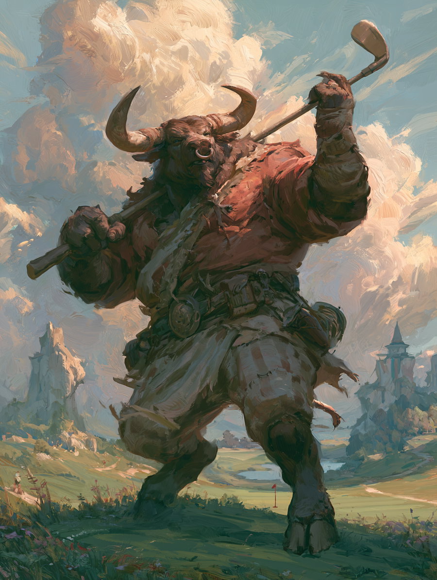 A large minotaur in a red shirt playing golf on a lush green course with castles in the background and a blue sky filled with clouds.