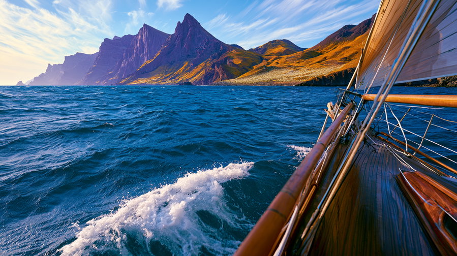 View from the bow of a sailboat gliding over crystal-blue ocean towards towering purple mountain peaks above rolling golden-yellow hills with white flowering fields in the distance.