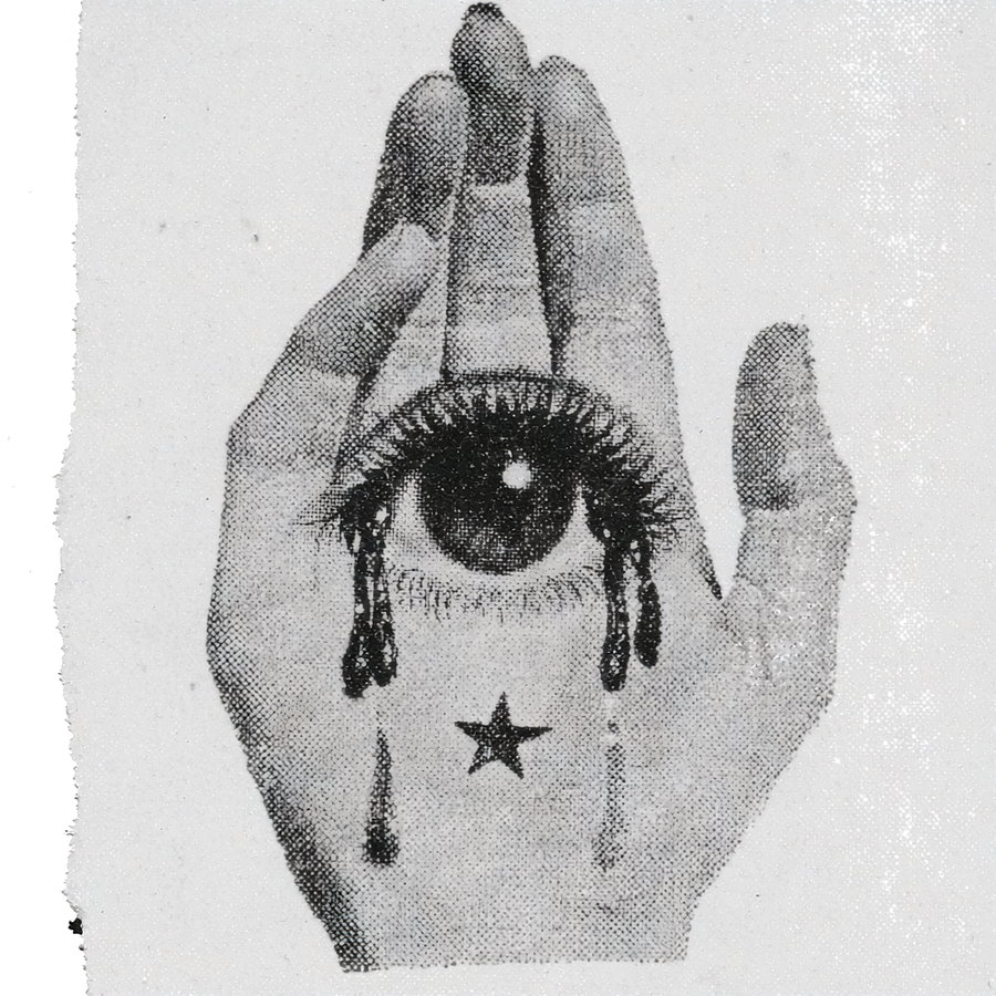 A vintage-style illustration of an open human palm with a large realistic eye in the center, dark tears dripping from the eye, and a small star marking below it. The fingers are together and pointing upward, with high contrast black and white textures, isolated on a pure white background.