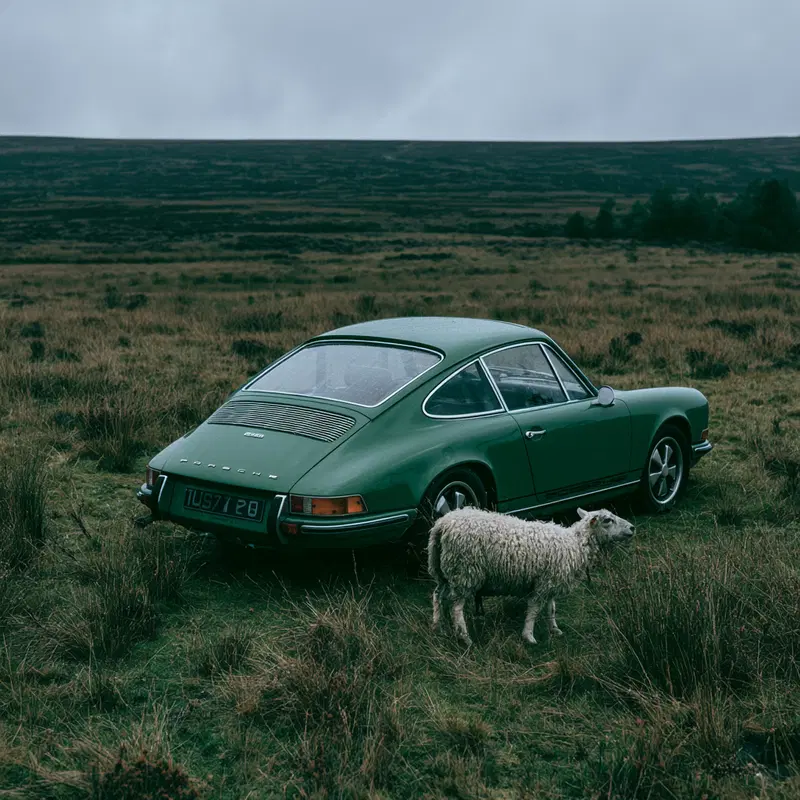 Vintage Green Porsche 911 in Farm Field with Sheep