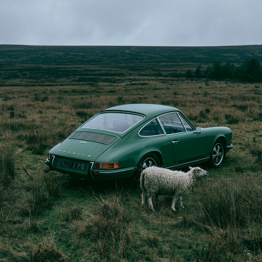 A vintage green Porsche 911 parked in an empty farm field, with a white sheep standing next to it, under a cloudy sky.