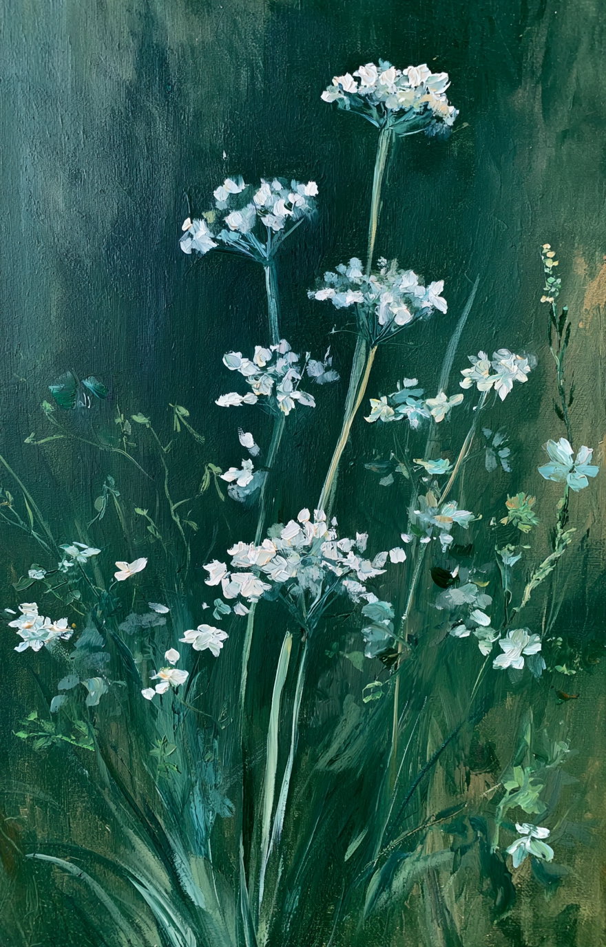 An oil painting depicting wildflowers on a dark green background, featuring various blooms in white and green tones.