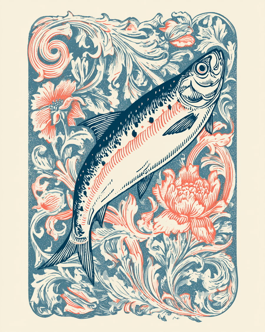 Flat printed lithograph illustration of a sardine surrounded by ornate floral designs on a cream background.