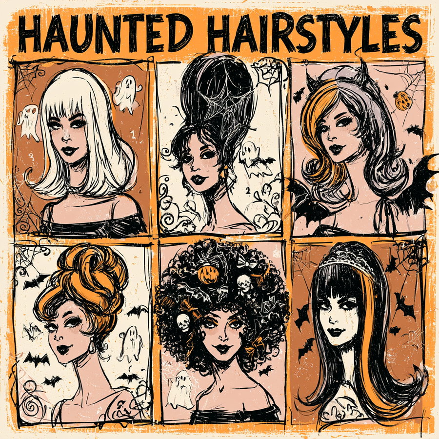 A vintage beauty poster with six style panels displaying women in gothic hairstyles. The background is warm with a textured orange and cream palette, featuring illustrations of women with various Halloween-inspired hairstyles like beehives and bobs adorned with spooky accessories.