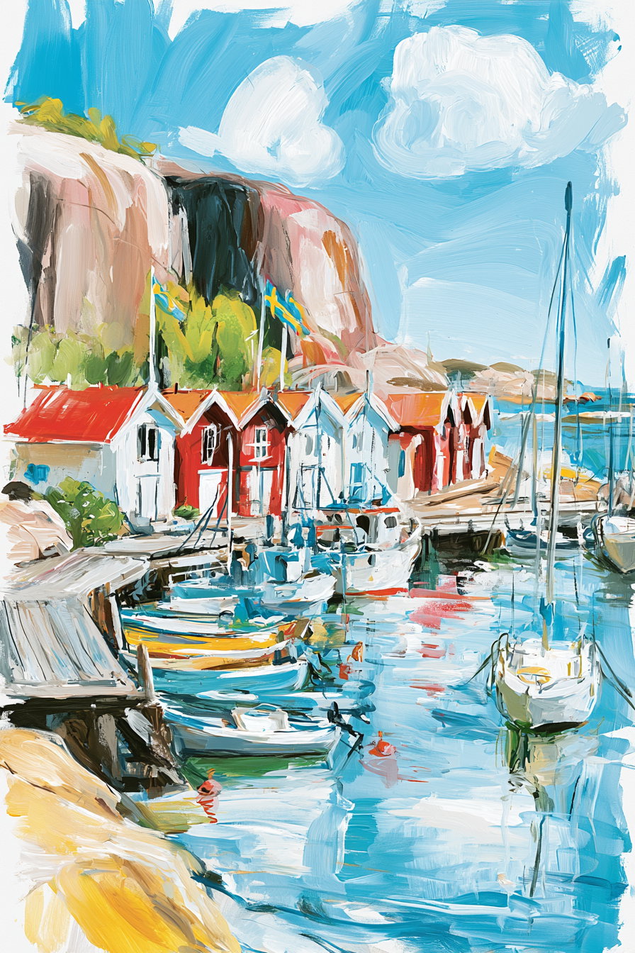 Picturesque fishing harbour with red and white wooden boathouses, fishing boats and sailboats on calm sea, granite cliffs and greenery in the background, bright blue sky with clouds
