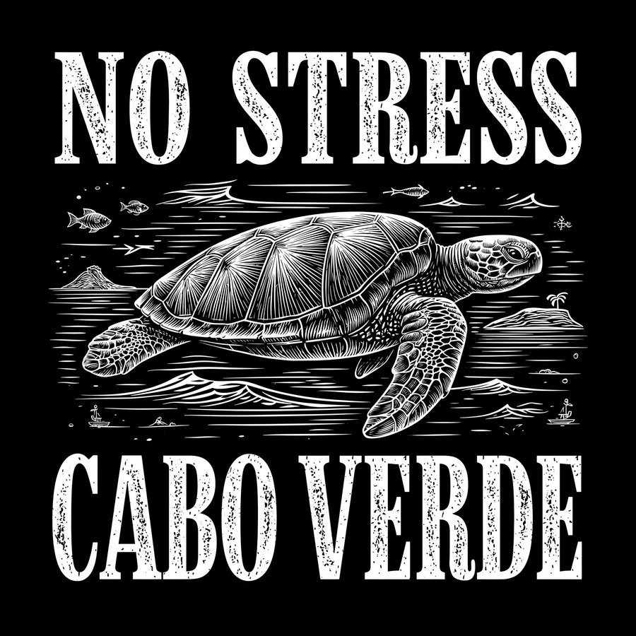 A vintage-style illustration of a sea turtle swimming across a black background, with large bold uppercase text 'NO STRESS' above and 'CABO VERDE' below, surrounded by subtle ocean-inspired line art and nautical elements.