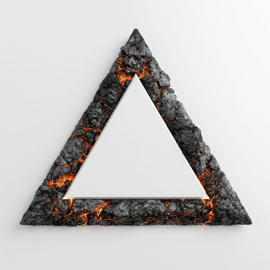 A large white triangle centered within a black volcanic rock border that has cracks revealing lava.
