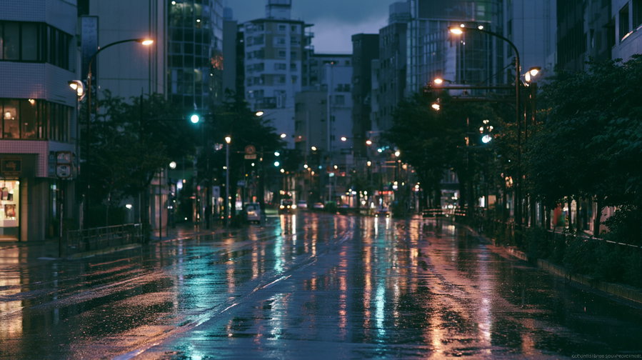 City street at night with wet asphalt reflecting lights and buildings.