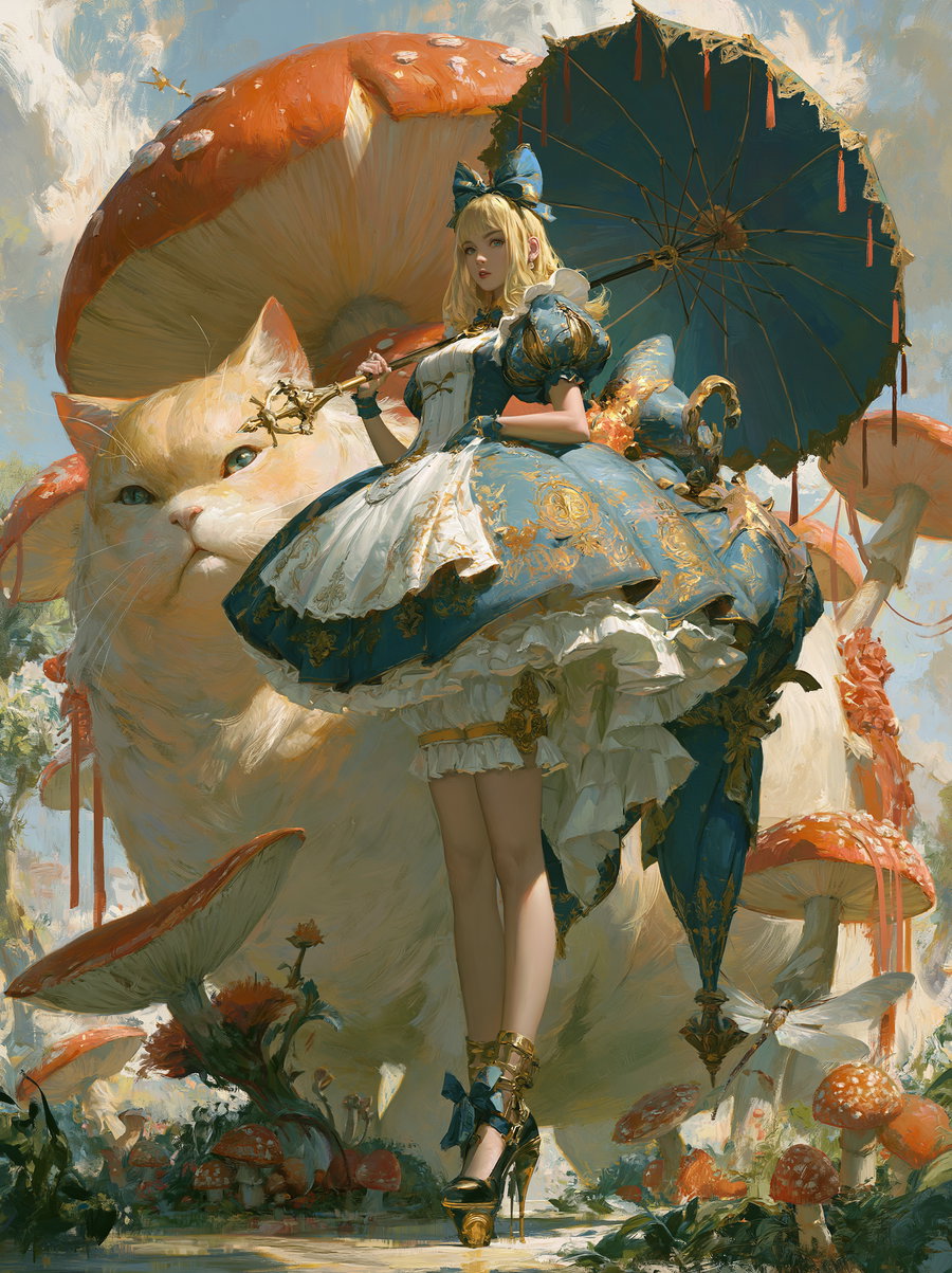 A girl in an ornate blue dress with a parasol stands in a fantasy landscape featuring oversized mushrooms and a giant cat.