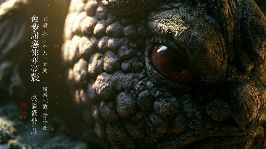 Close-up of a textured surface resembling a mythical creature with a large eye, featuring a dreamlike quality and soft, muted colors.