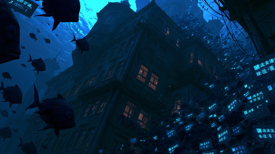 A sinking old office building resembling a castle in dark blue deep sea, with warm lights glowing from its windows. Surrounding it, glowing unread messages and to-do items drift like fish in clusters.