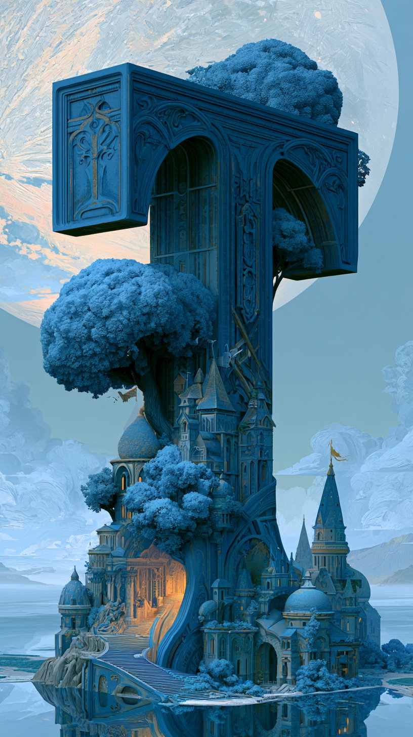 A large, ornate letter T integrated with fantastical architecture and trees, surrounded by a serene landscape.