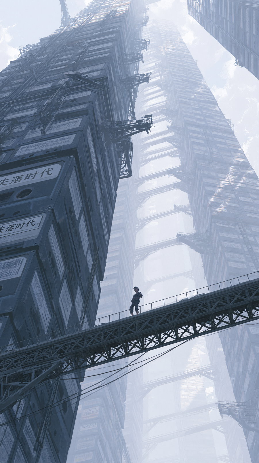 A towering archive building with numerous large data cartridges, an archaeologist stands on a suspended platform between the structures