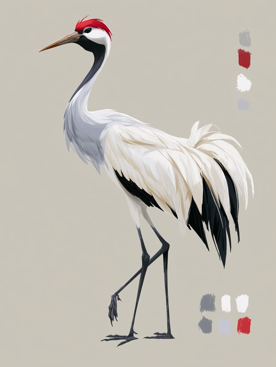 A tall, elegant crane with a long neck and prominent red crown, standing gracefully on one leg. The background is a soft, neutral color, highlighting the crane's white feathers and dark accents.