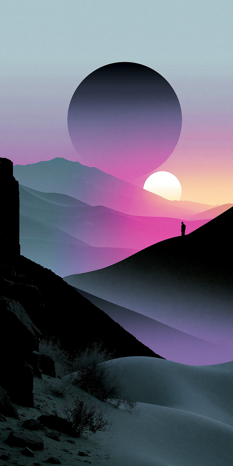 A surreal desert landscape with rolling dunes, a large celestial body in the sky, and a distant figure silhouetted against the vivid sunset colors.