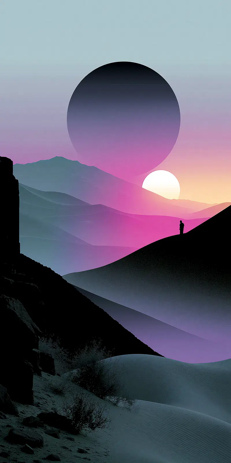 A Dreamlike Desert Scene at Dusk with Vibrant Colors