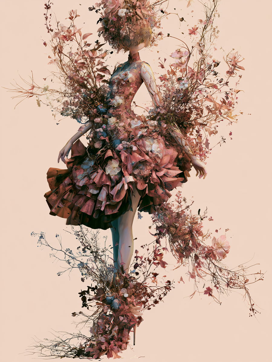 A surreal figure dressed in a floral gown composed of flowers and branches, standing against a soft peach background.
